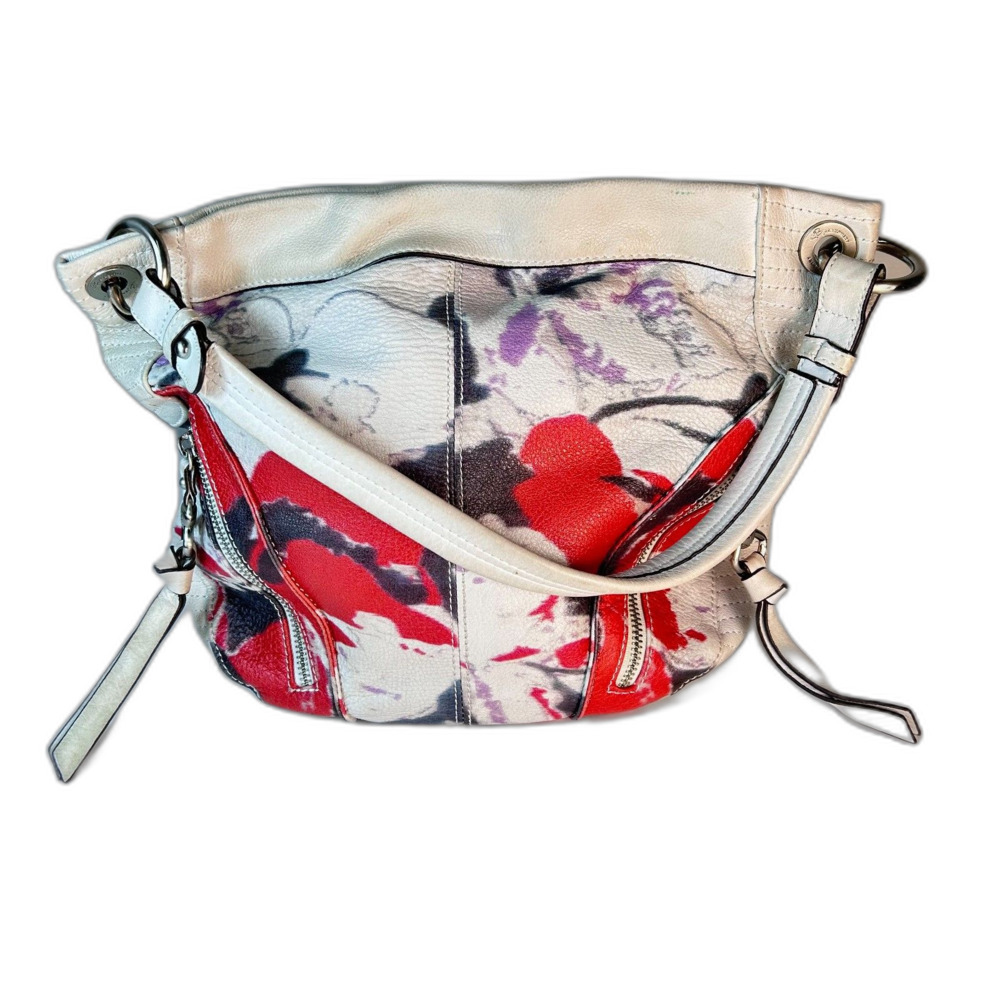 B. Makowski Off White Red Leather Poppy Print Hobo Slouchy VTG 90s Shoulder Bag